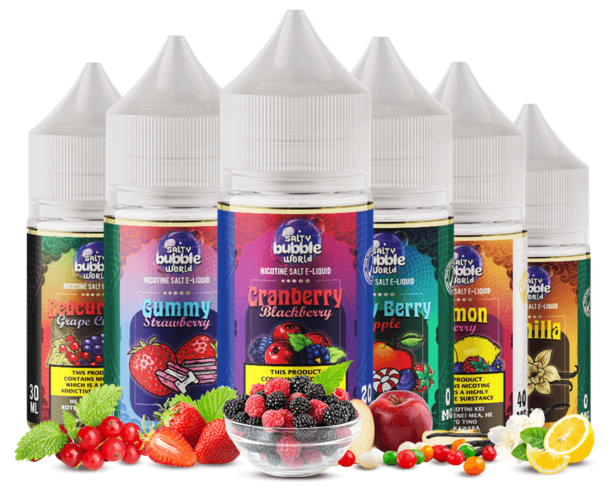 6 nicotine e-liquid bottles of Salty Bubble World collection