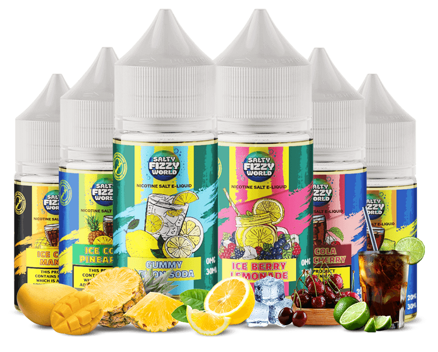 6 nicotine e-liquid bottles of Salty Fizzy World collection