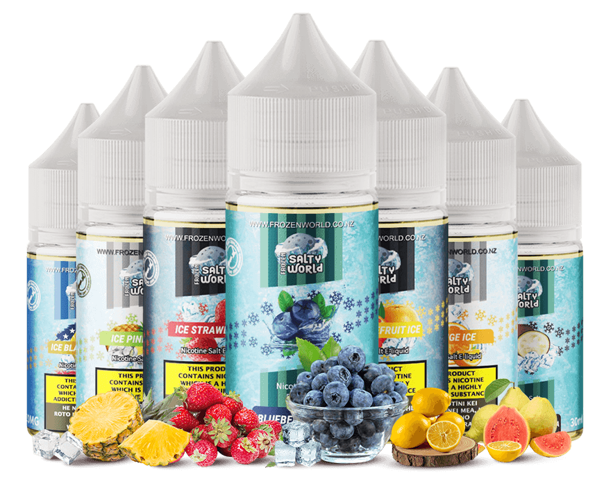 7 nicotine e-liquid bottles of Frozen Salty World collection