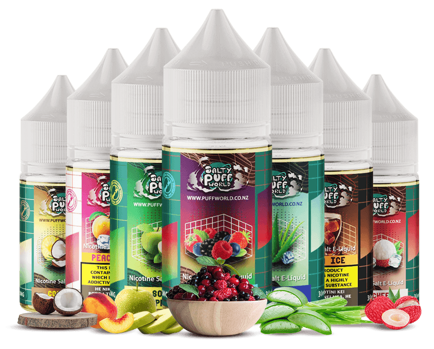 7 nicotine e-liquid bottles of Salty Puff World collection