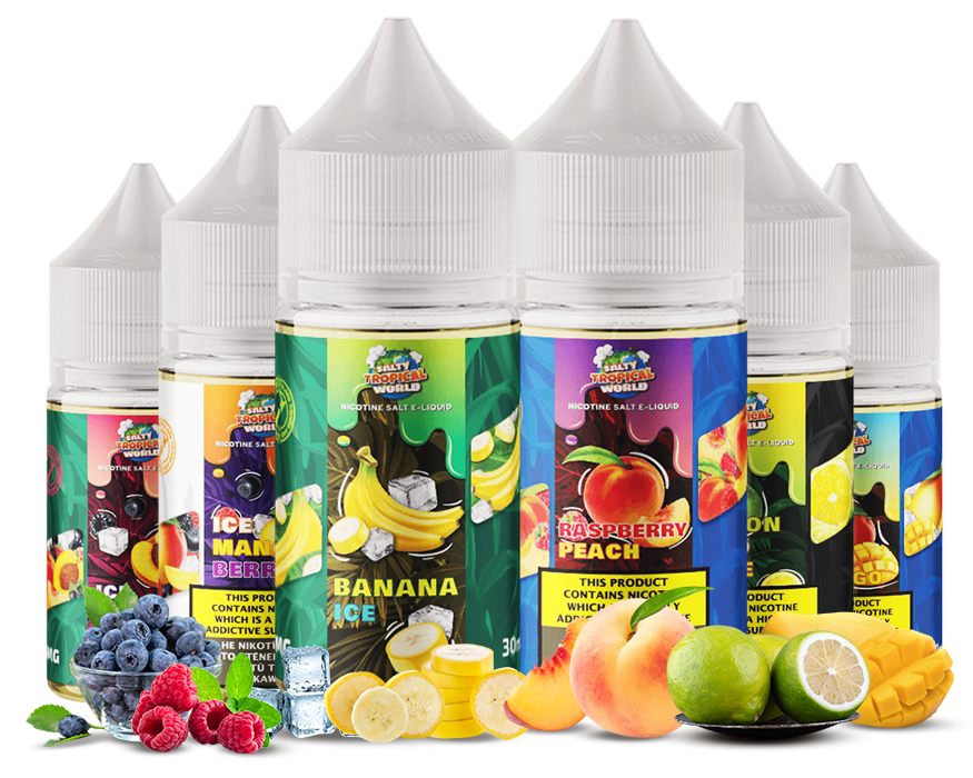 6 nicotine e-liquid bottles of Salty Tropical World collection